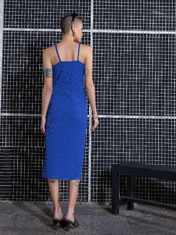 Women Royal Blue Rib Halter Neck Bodycon Midi Dress