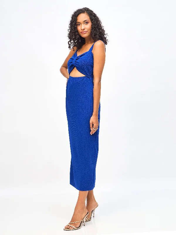 Women Royal Blue Waist Cut Out Bodycon Dress