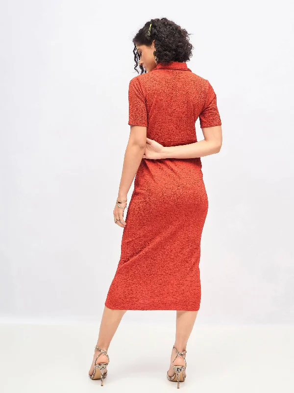 Women Rust Knitted Front Button Bodycon Midi Dress