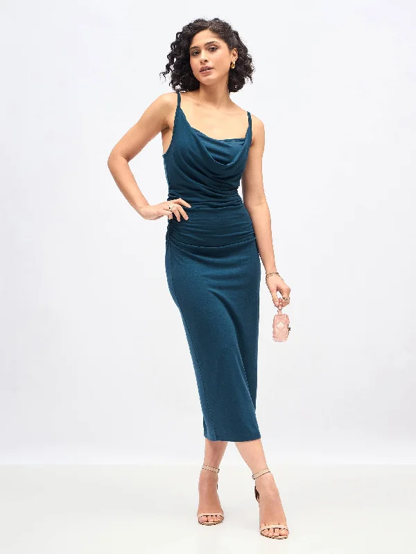 Women Teal Cowl Neck Bodycon Maxi Dress