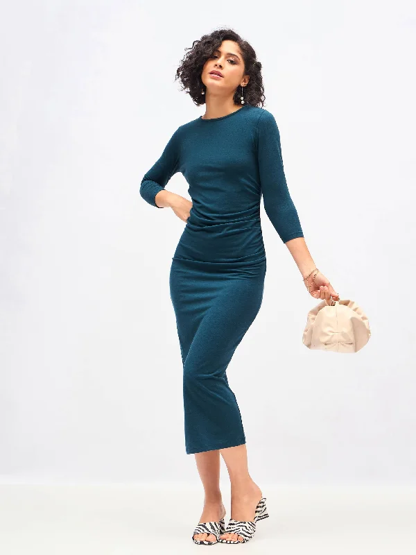 Women Teal Waist Ruched Bodycon Maxi Dress