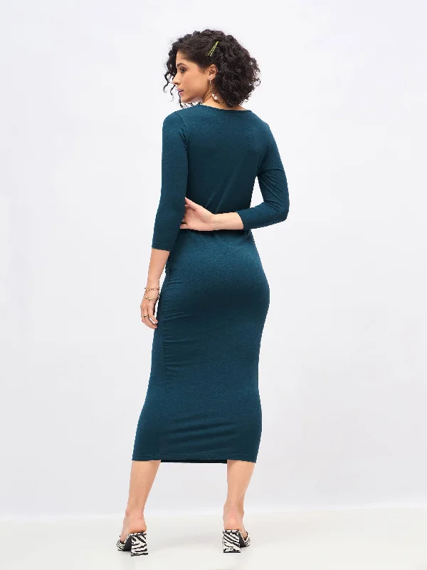 Women Teal Waist Ruched Bodycon Maxi Dress