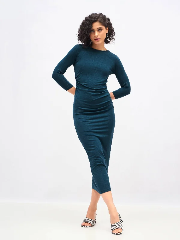 Women Teal Waist Ruched Bodycon Maxi Dress