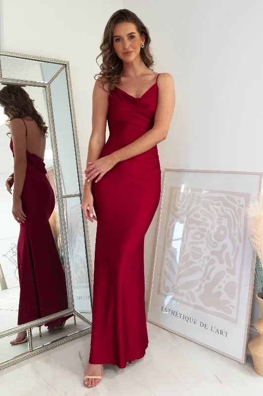 Amelia Soft Satin Lace Detail Gown | Burgundy