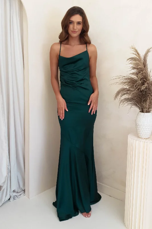 Asiah Satin Draped Back Gown | Emerald Green