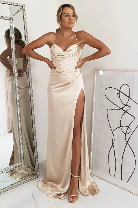 Cally High Slit Corset Gown | Champagne