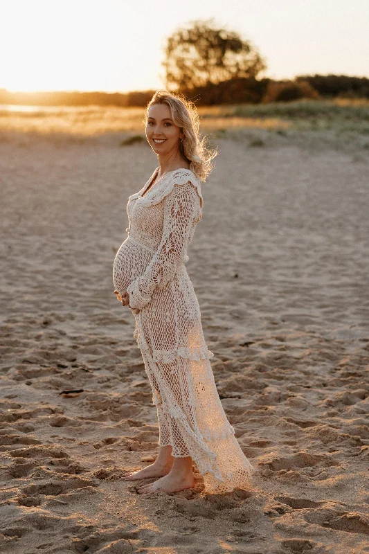 Chasing Unicorns Crochet Cream Maxi Maternity Photoshoot Dress