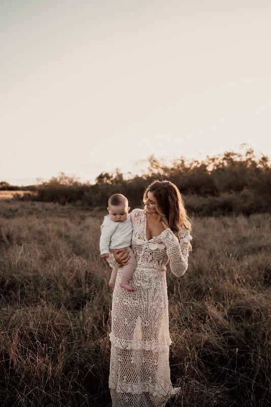 Chasing Unicorns Crochet Cream Maxi Maternity Photoshoot Dress