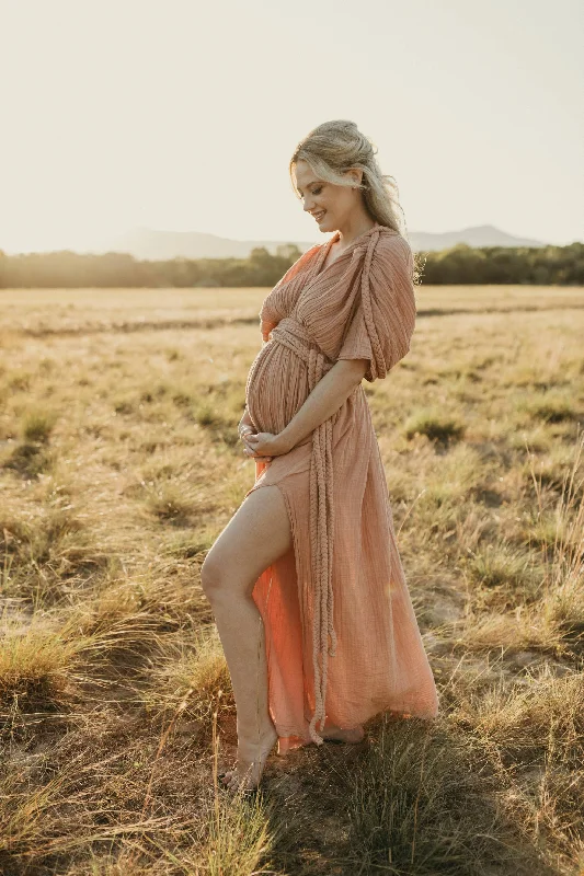 Ophelia Maxi Maternity Photoshoot Dress - Salmon Pink - Baby Shower Dress