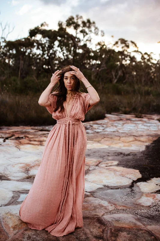 Ophelia Maxi Maternity Photoshoot Dress - Salmon Pink - Baby Shower Dress