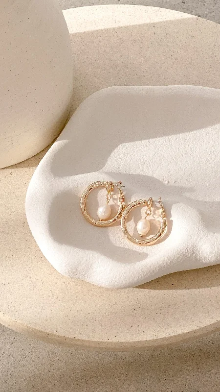 Chunky Pearl Hoop Earrings - Gold