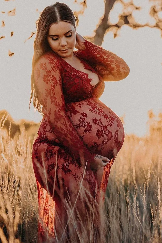 Katherine Sheer Lace Maxi Maternity Photoshoot Dress - Burgundy