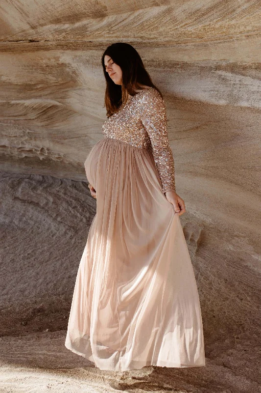 Maya Maternity Long Sleeve Tulle Maxi with Sequins - Maternity Photoshoot Dress