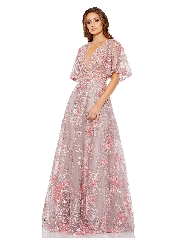 Embroidered Flounce Sleeve A Line Gown