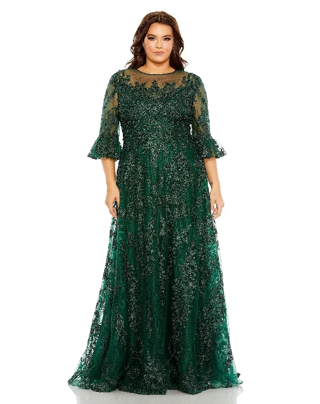 High Neck Flutter Sleeve Embroidered A Line Gown