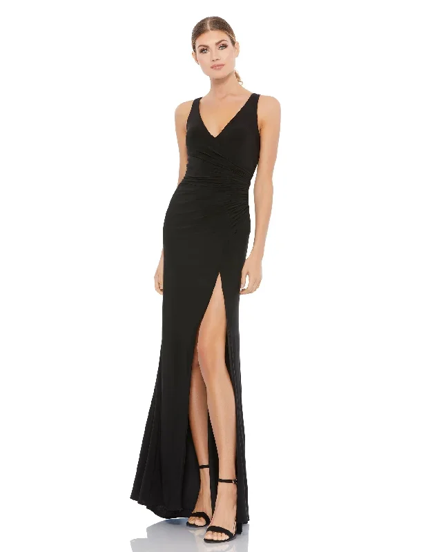 Faux Wrap Sleeveless V Neck Gown