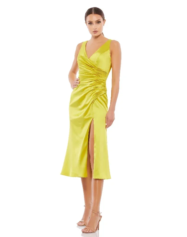 Satin Ruched V-Neck Faux Wrap Midi Dress