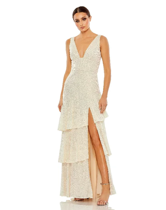 Sequin Asymmetrical Ruffle Tiered Gown