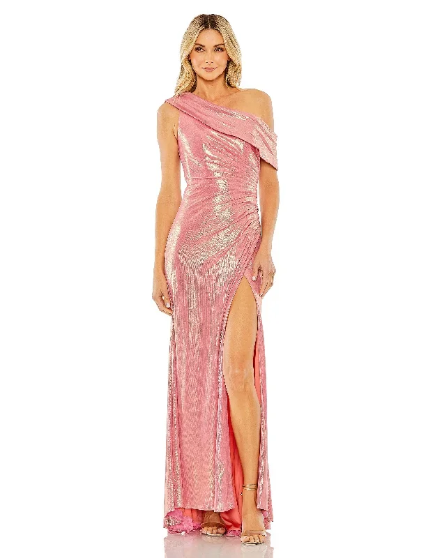 Off The Shoulder Ruched Waist Slit Metallic Gown