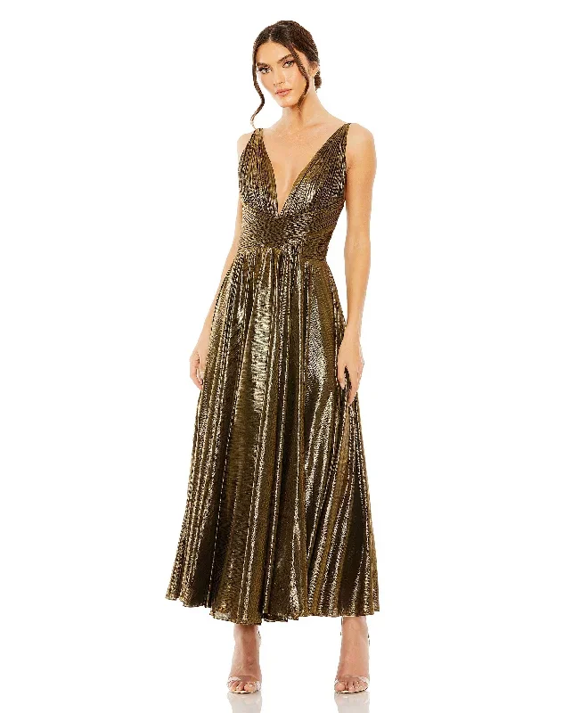 Sleeveless V Neck Pleated Top Metallic Dress