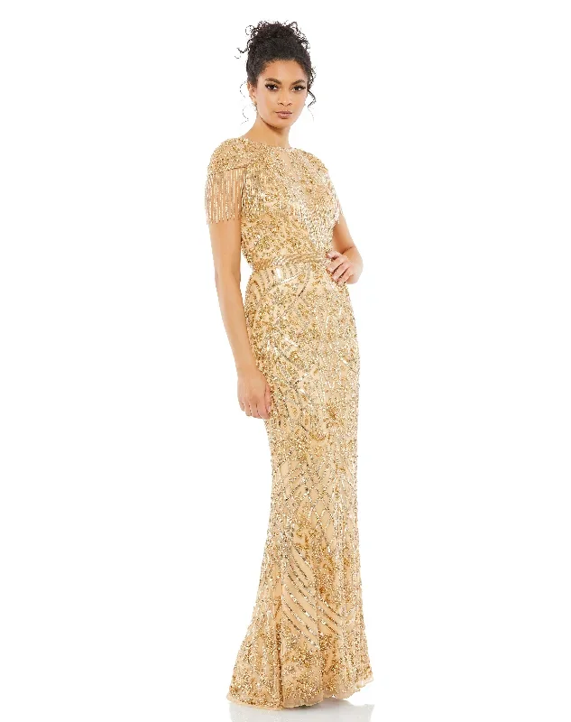 Embellished Fringe Cap Sleeve Trumpet Gown