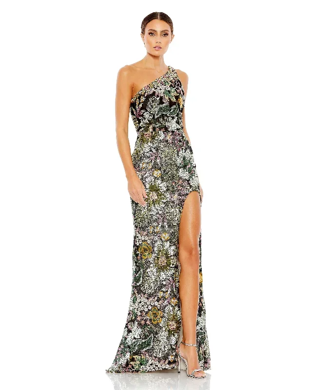 Embellished Floral One Shoulder Gown