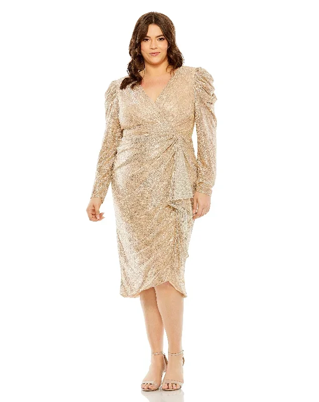 Long Sleeve Deep V Draped Shimmer Dress