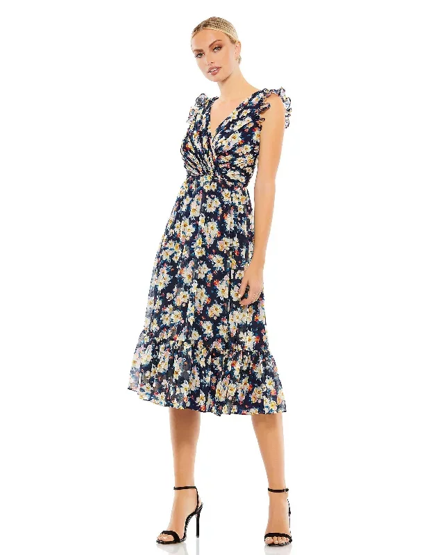 Flowy Floral Print V Neck Cap Sleeve Midi Dress - FINAL SALE