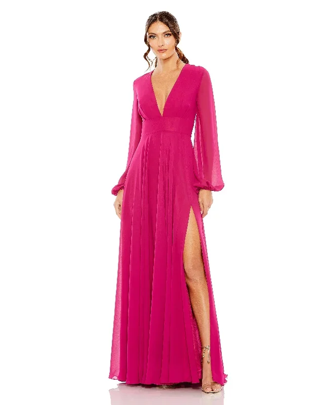 V-Neck Illusion Long Sleeve Chiffon Gown