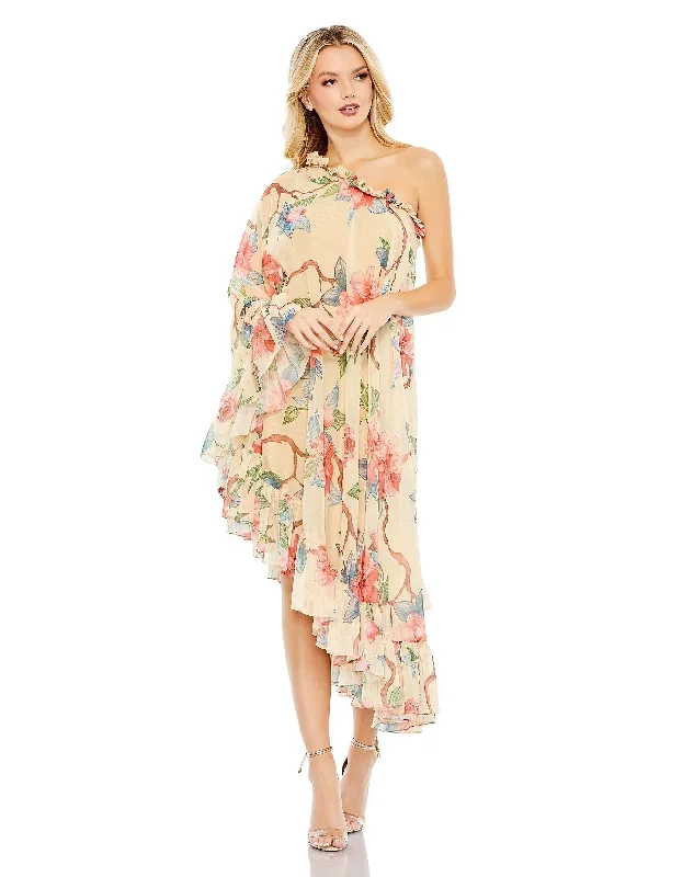 Floral Print One Shoulder Cape Dress