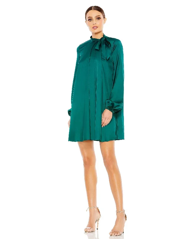 Soft Tie High Neck Pull Sleeve Shirt Dress - FINAL SALE