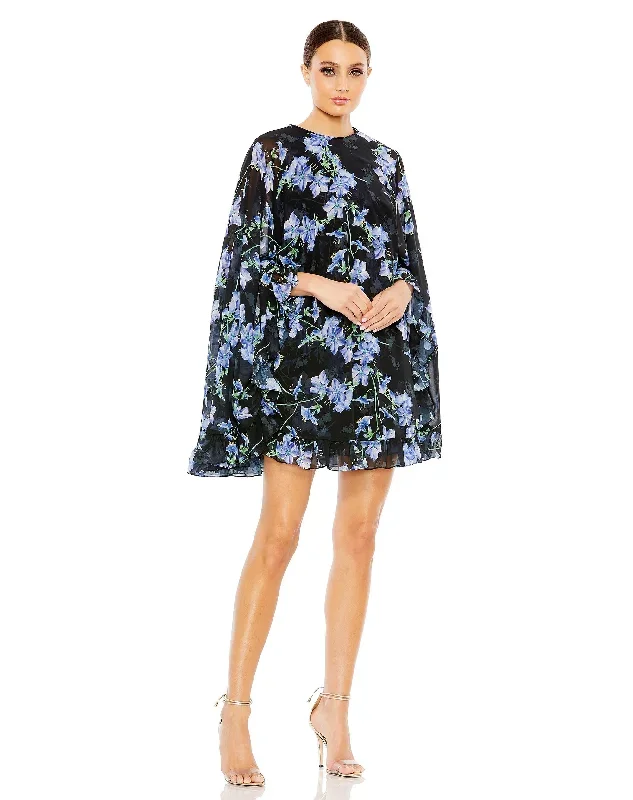 Floral Print High Neck Ruffle Hem Cape Mini Dress