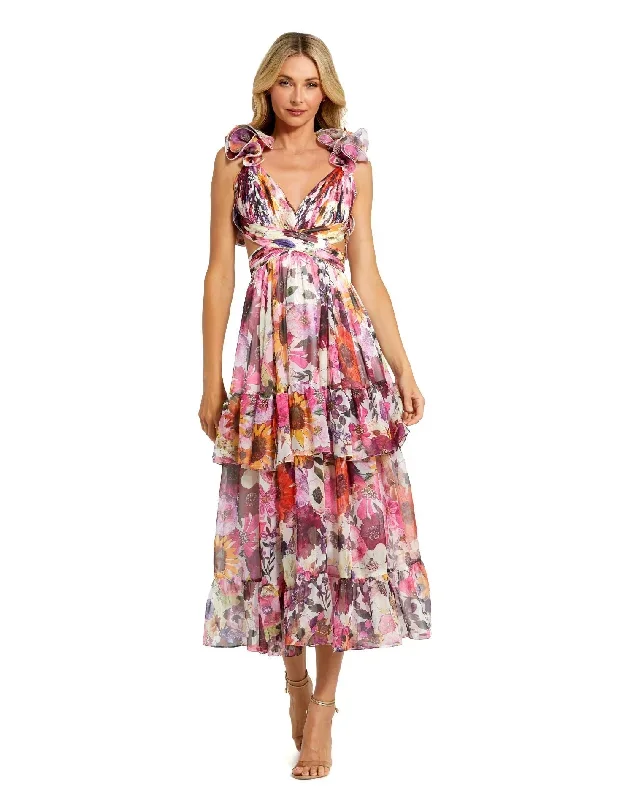 Ruffle Tiered Cut-Out Floral Chiffon Dress