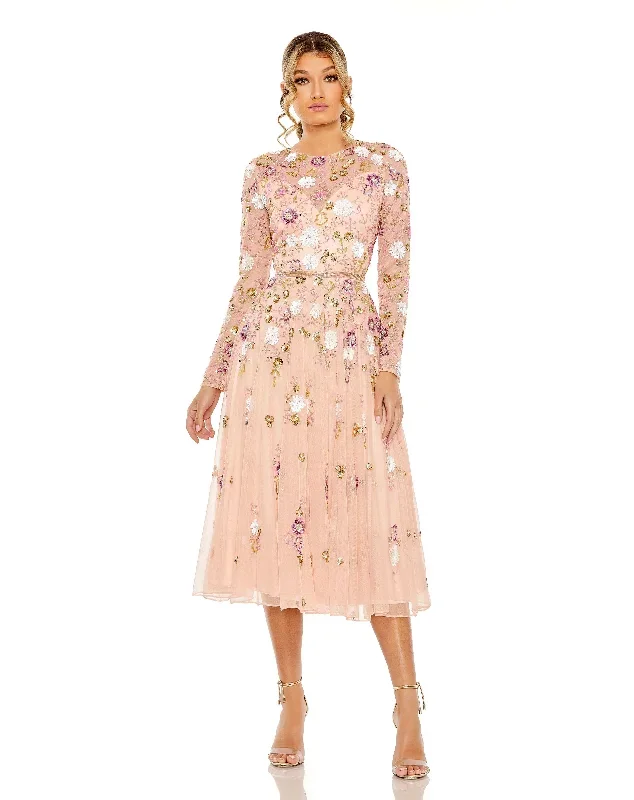 Sequined Floral Long Sleeve High Neck Midi Dress