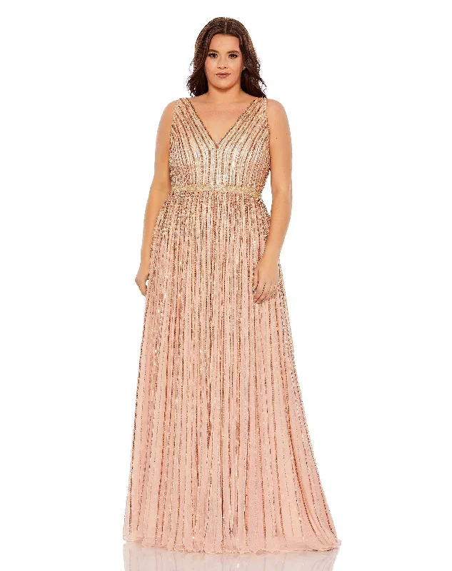 Sequined Striped Sleeveless V Neck A Line Gown (Plus)