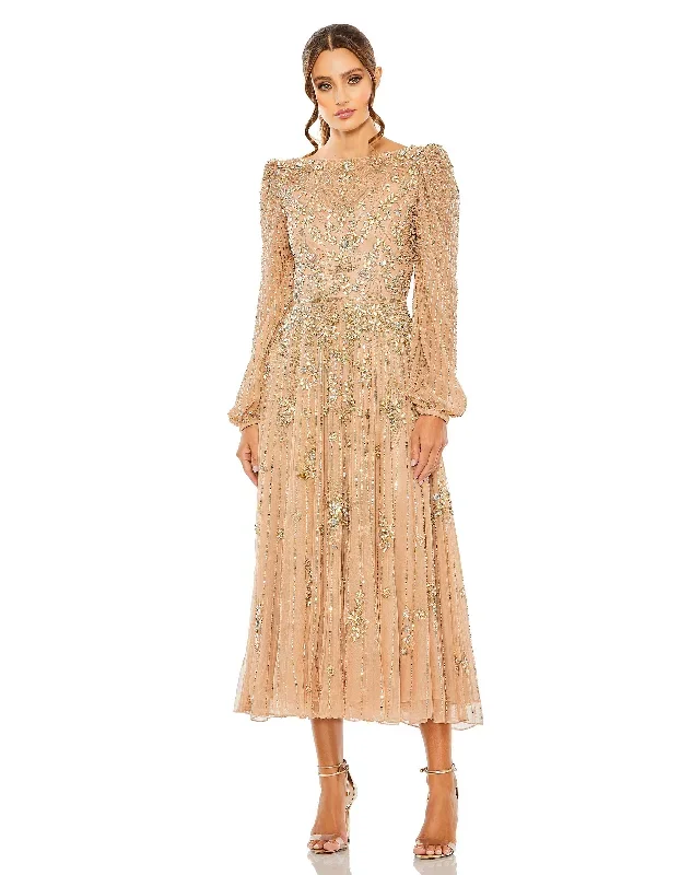 Floral Embellished High Neck Puff Long Sleeve A Line Midi Dress