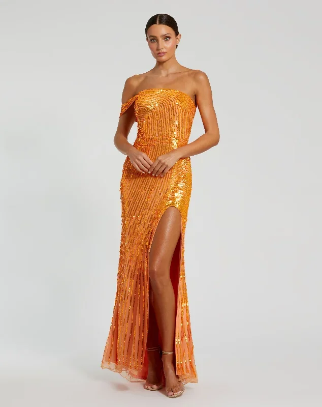 One Shoulder Mesh Sequin Gown With Slit