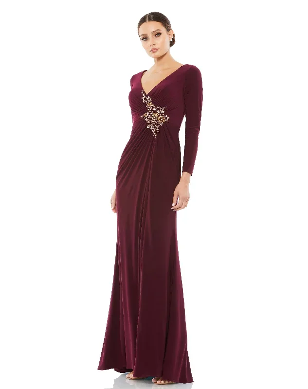 Faux Wrap Long Sleeve Gown w/ Appliqué Detail