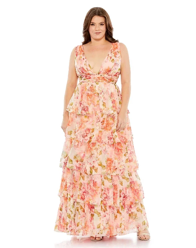 Floral Print Tiered V-Neckline Gown (Plus)