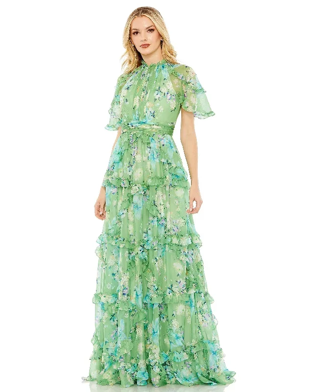 Floral Print Chiffon Cascading Ruffle Raglan Gown