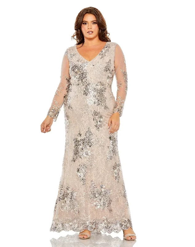 V Neck Mesh Long Sleeve Embroidered Gown