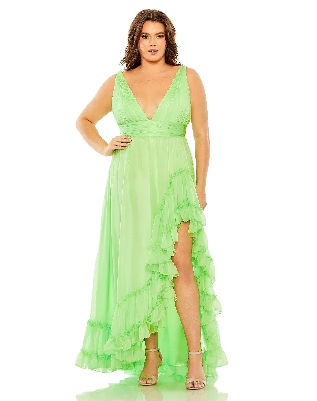 Plunge Neck Sleeveless Ruffle Tiered Front Slit Gown - FINAL SALE