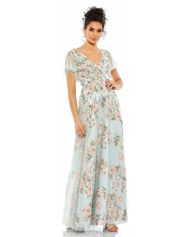 Floral Flutter Sleeve V-Neck Maxi Dress