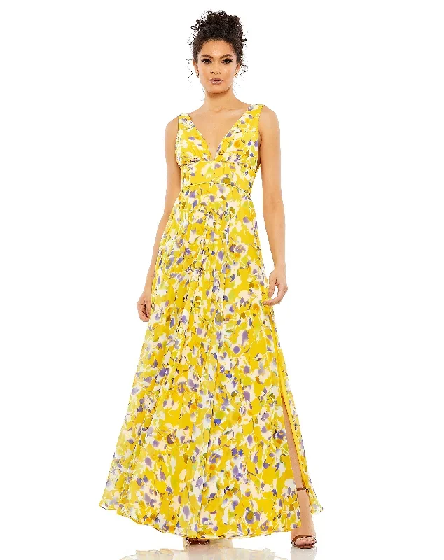 Floral Plunge V-Neck Gown