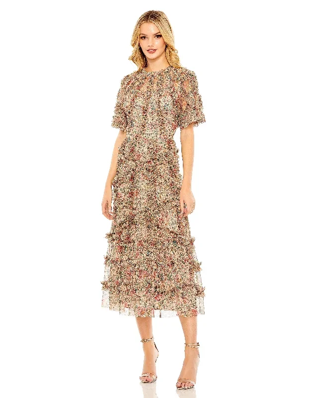 Floral Flutter Sleeve Mesh Print Dress