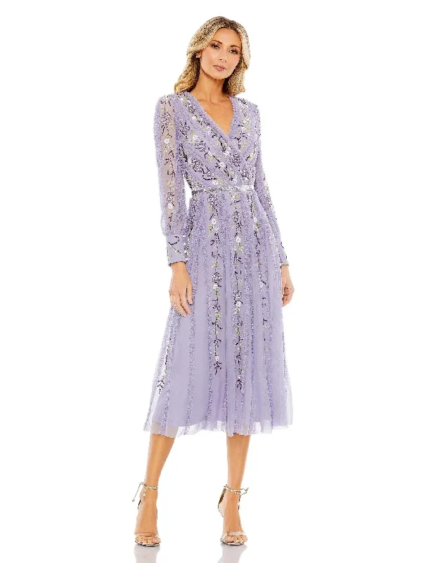 Long Sleeve Embroidered Wrap Midi Dress