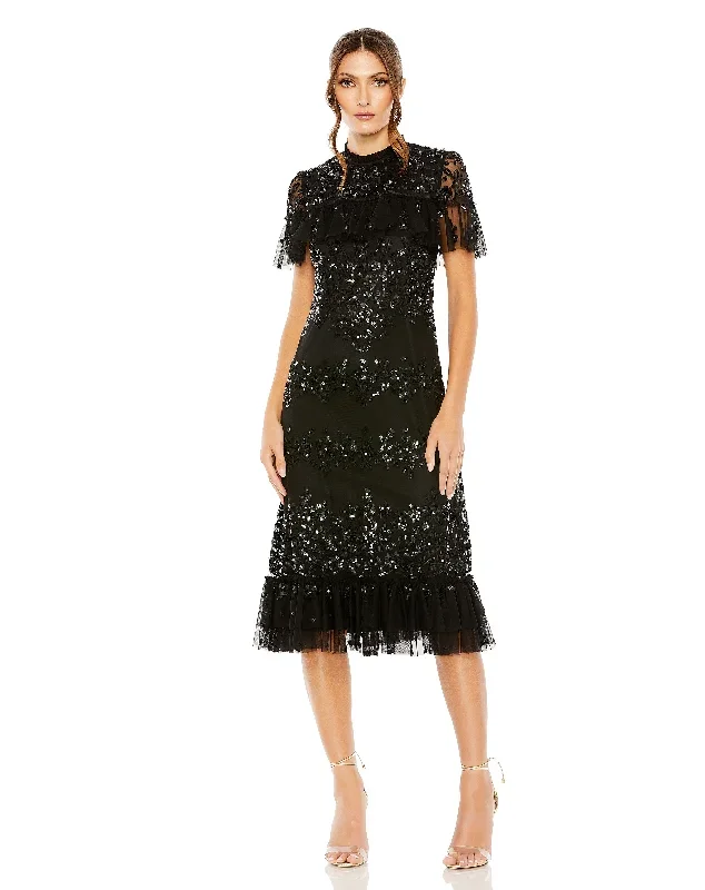 Sequined High Neck Ruffled Flutter Sleeve Midi Dress