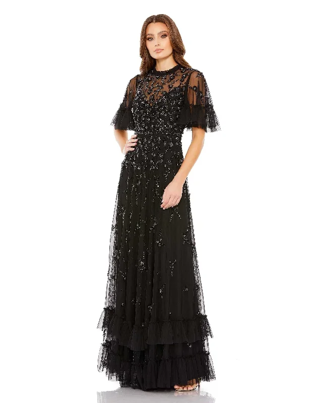 Ruffled Floral Embellished Flutter Sleeve A-Line Gown