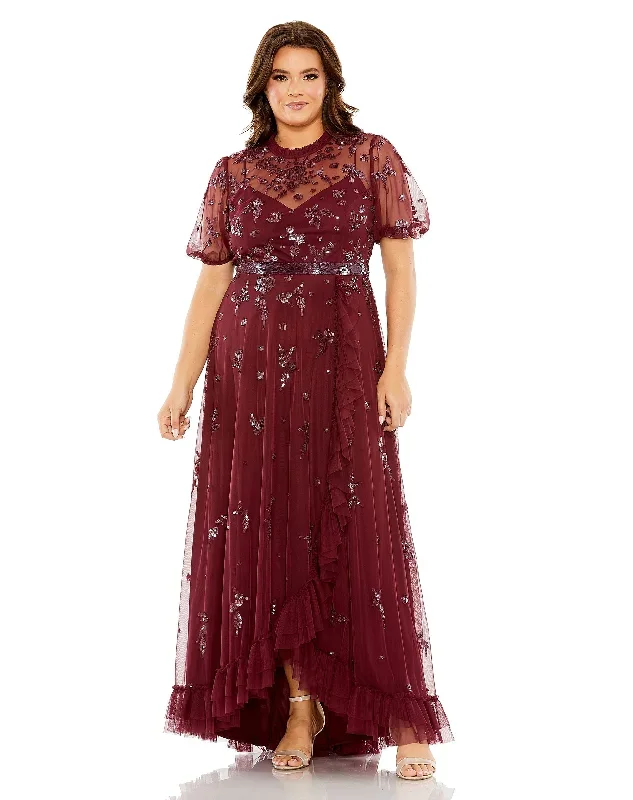 High Neck Puff Short Sleeve Embellished Faux Wrap Gown