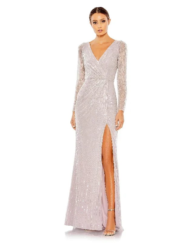 Sequined Faux Wrap Long Sleeve Gown